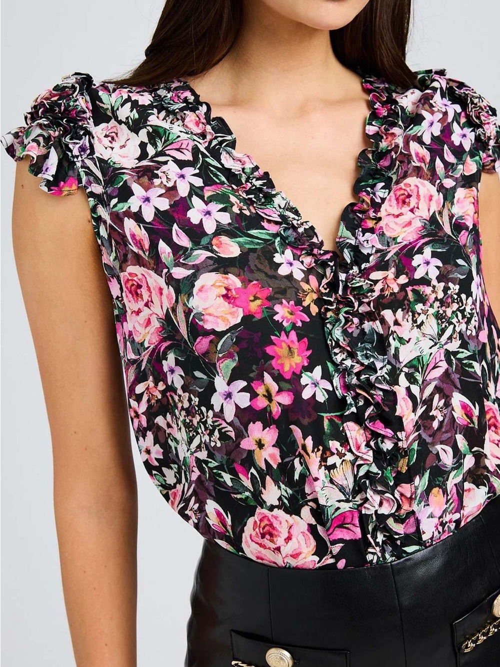 GENERATION LOVE Black Pink Floral Ruffle Blouse - Picture 2 of 7